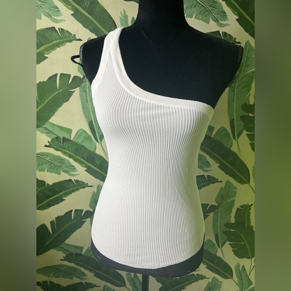 Zara Womens White Ribbed One Shoulder Tank Top Large - Picture 2 of 6